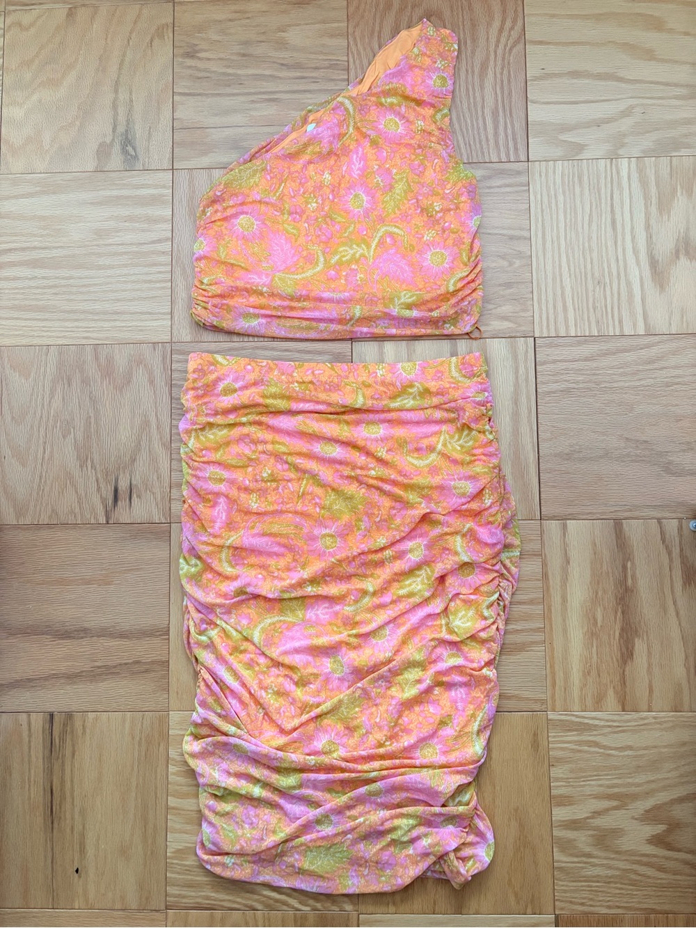 One-Shoulder Two-Piece Floral Set in Pink & Orange